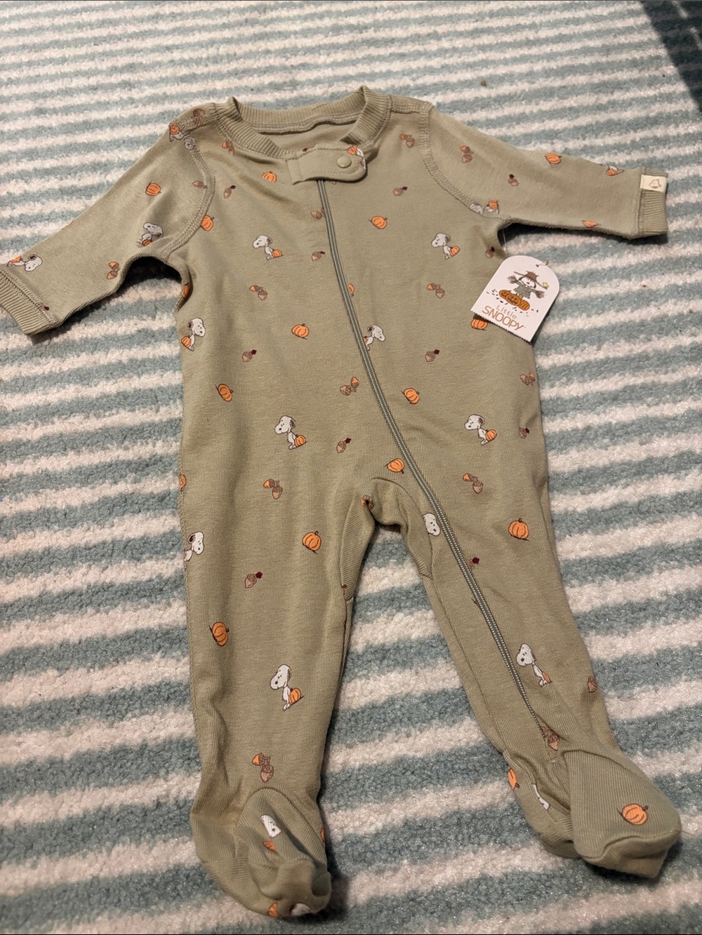 Snoopy Fall Pumpkin 100% cotton Olive Green Pumpkin Print Footed One-Piece